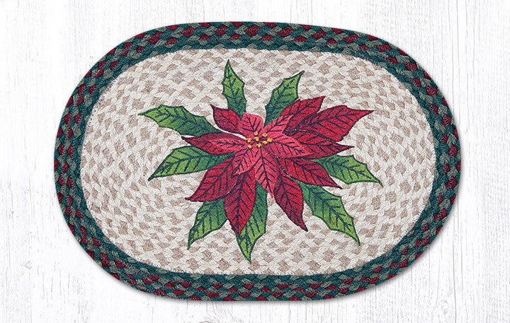 Christmas Hand Stenciled Oval Placemat with Poinsettia Design