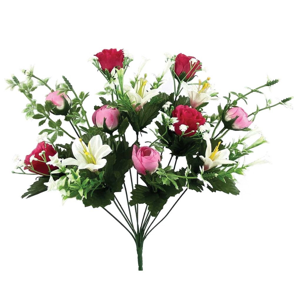 Mixed Mini Rose, Ranunculus & Lily Bush X12, 18" - Pink/Beauty