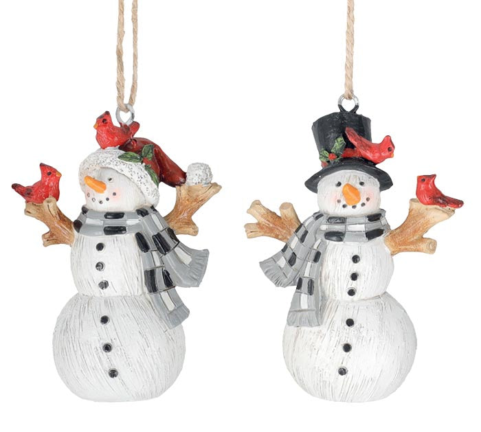 CHRISTMAS RESIN SNOWMEN WITH CARDINALS ORNAMENT