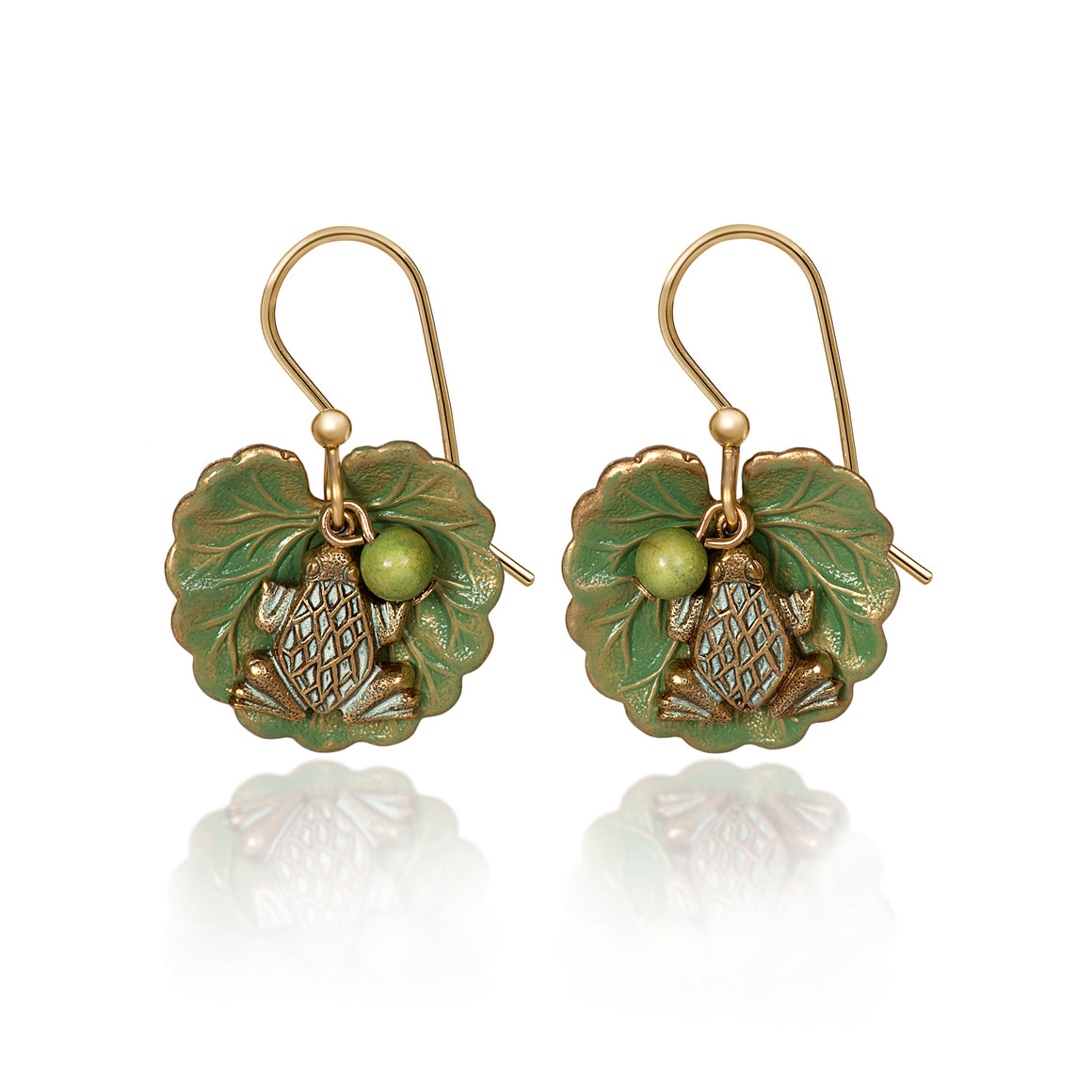 FROG ON LEAF WITH BEAD- SILVER FOREST EARRINGS