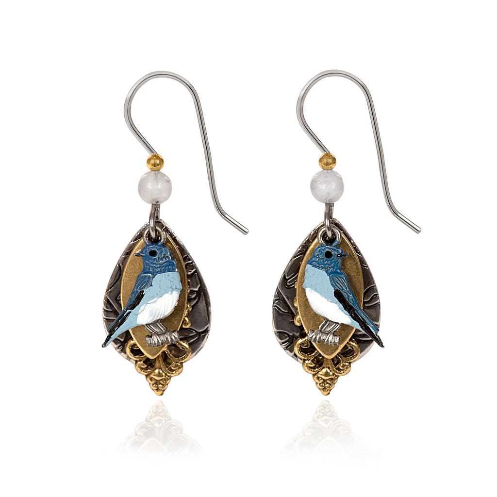 BLUEBIRD ON LAYERED SHAPES  - SILVER FOREST EARRINGS