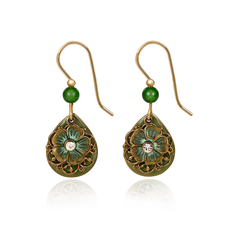 Green Flower and Filigree Silver Forest Earrings