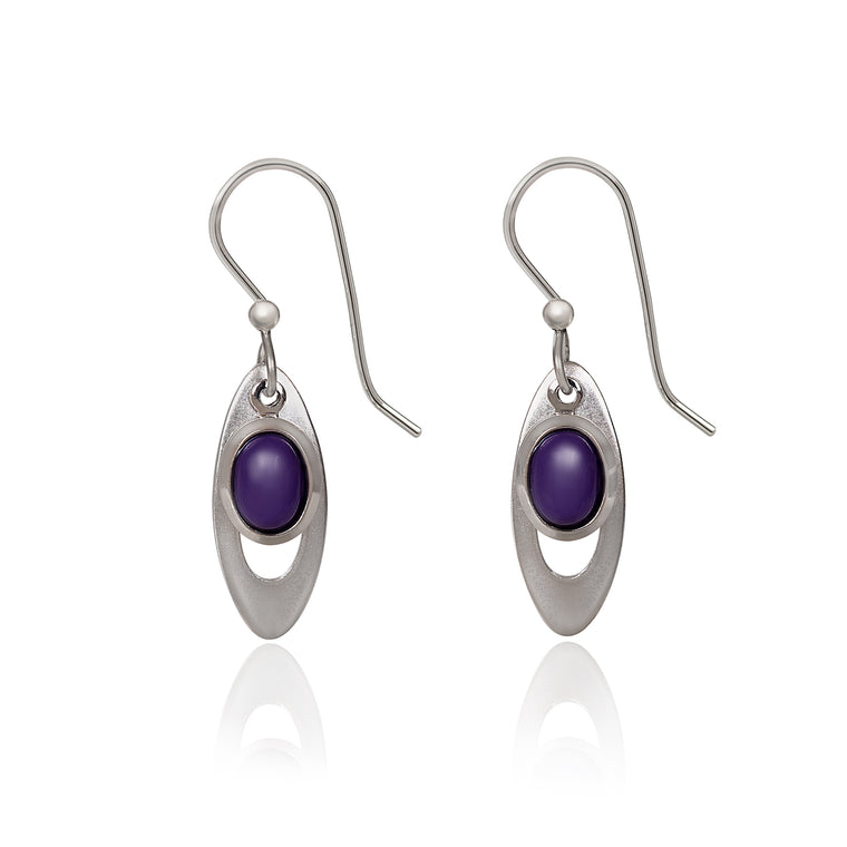 Silver Open Long Oval with Purple Stone - Silver Forest Earrings