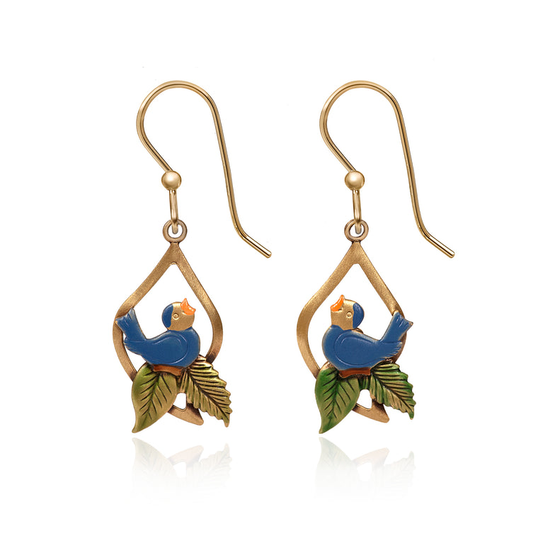 BIRD IN OPEN TREE AND LEAVES - SILVER FOREST EARRINGS