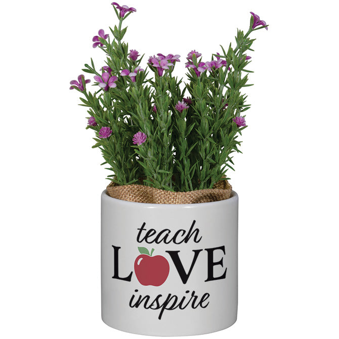 Planter With Artificial Flowers - "Teach Love"