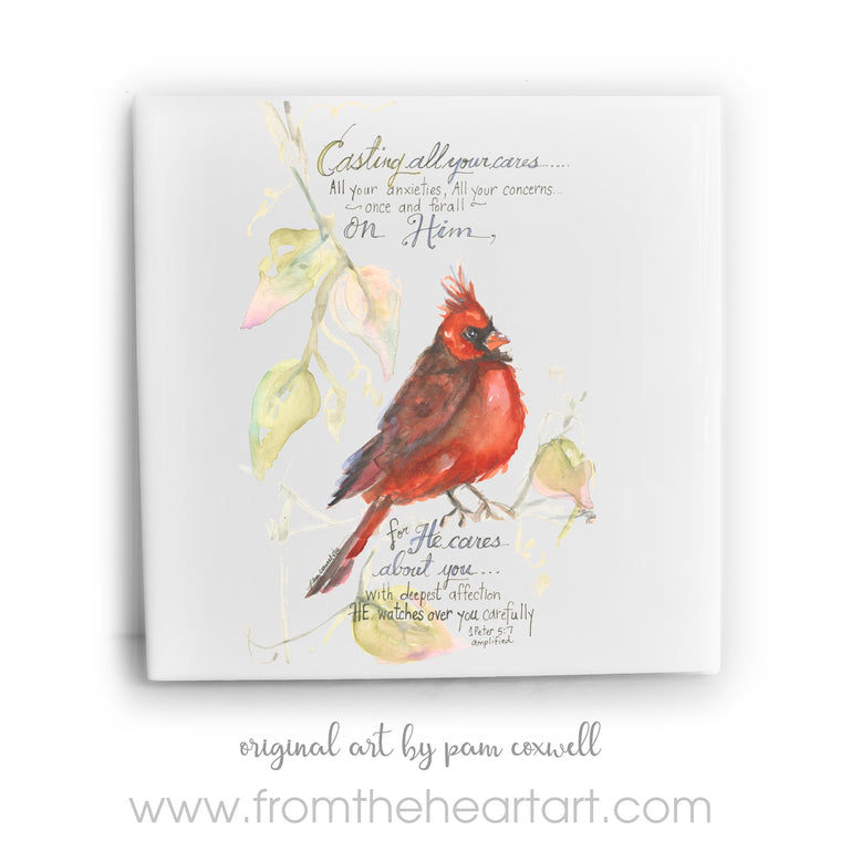 Birds - Cardinal Male Ceramic Tile by Pam Coxwell