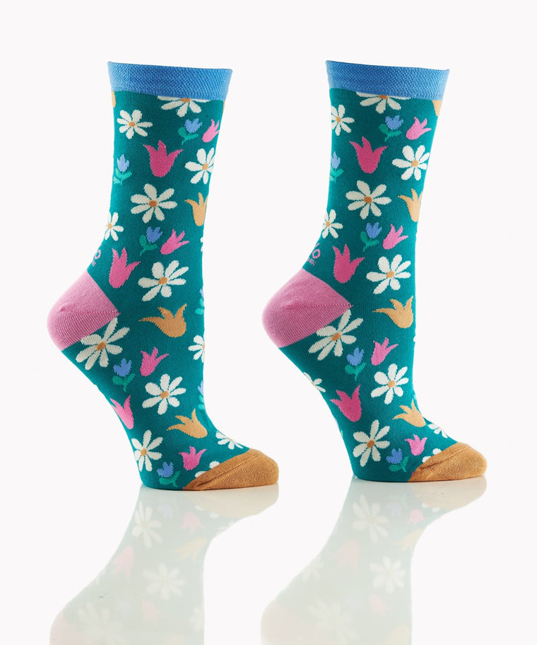 Dark Floral Daises  and Tulips Women's Crew Sock by Yo-Sox