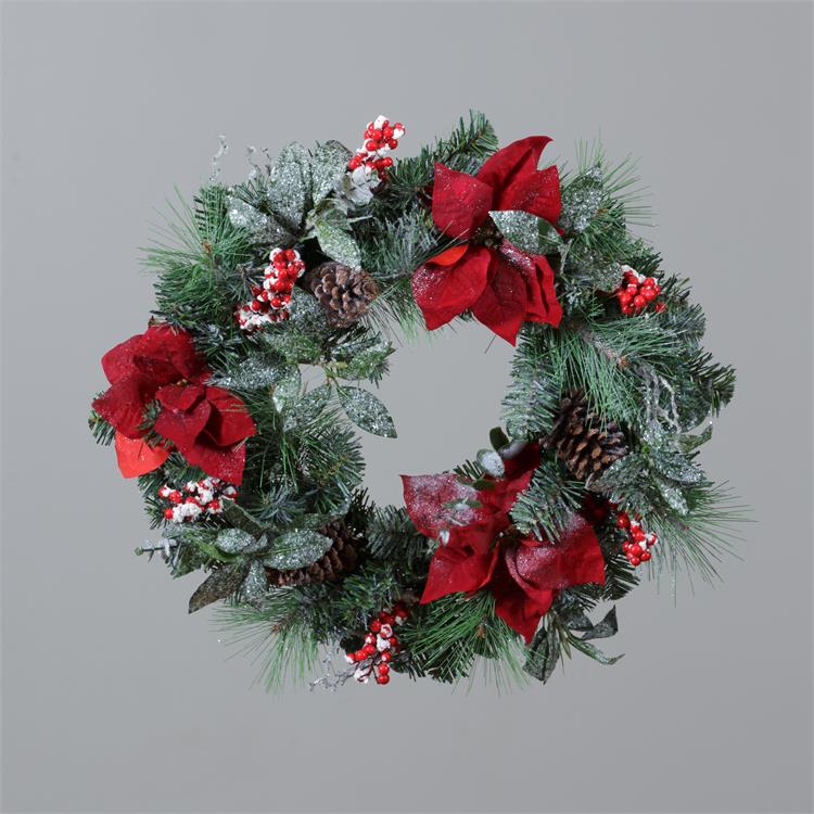 Christmas Wreath - Poinsettias, Berries, Evergreens, Pinecones