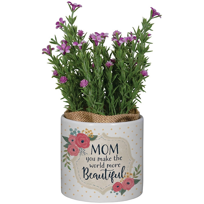 Planter With Artificial Flowers - "Mom"
