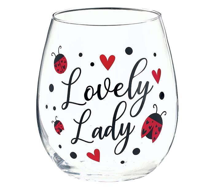 Wine Glass - Lovely Lady with Ladybugs