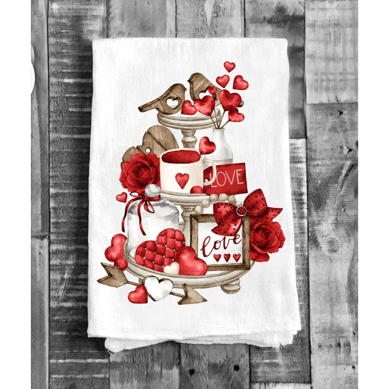 Valentine Flour Sack Tea Towel  -  Red Heart 3 Tier Tray