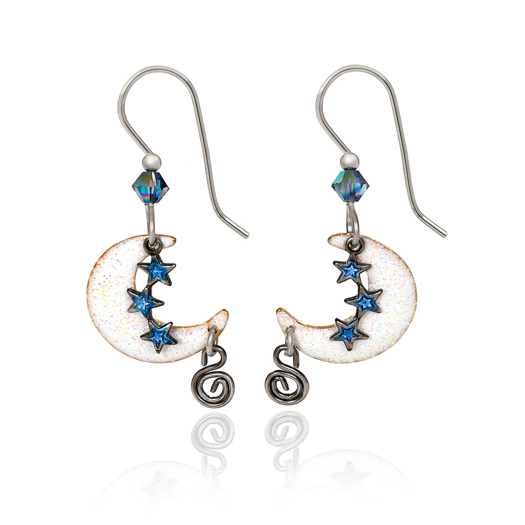 WHITE CRESCENT WITH STARS - SILVER FOREST EARRINGS