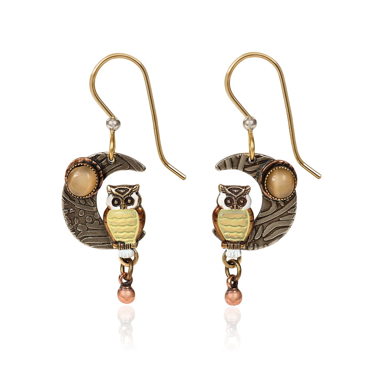 OWL ON CRESCENT MOON- SILVER FOREST EARRINGS
