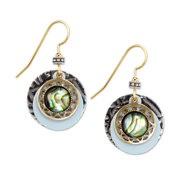 GOLD ROUND LAYERED WITH GREEN STONE- SILVER FOREST EARRINGS