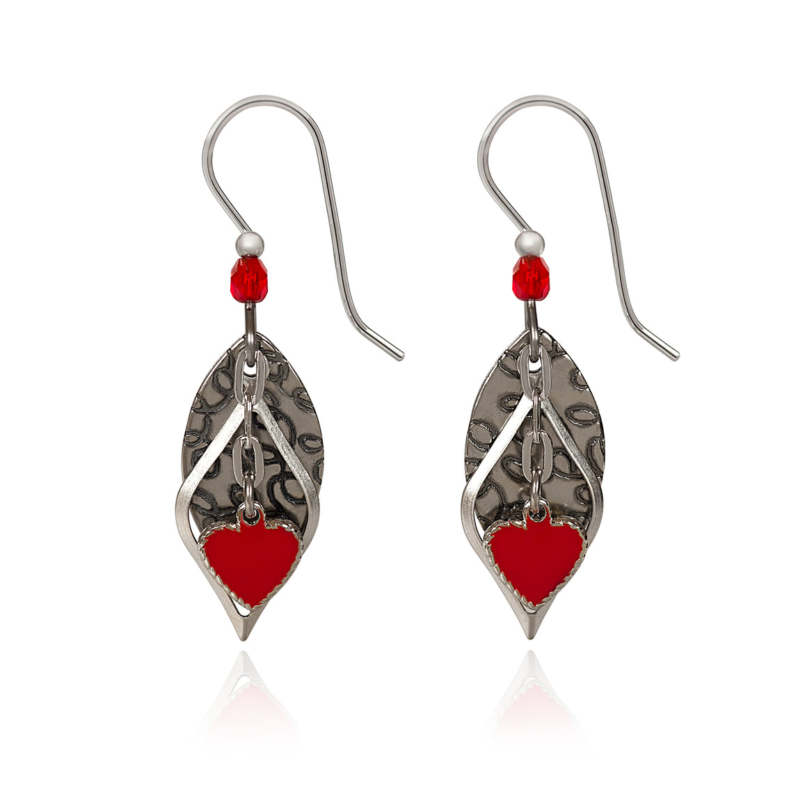 SILVER RED HEART ON FOOTBALL  - SILVER FOREST EARRINGS