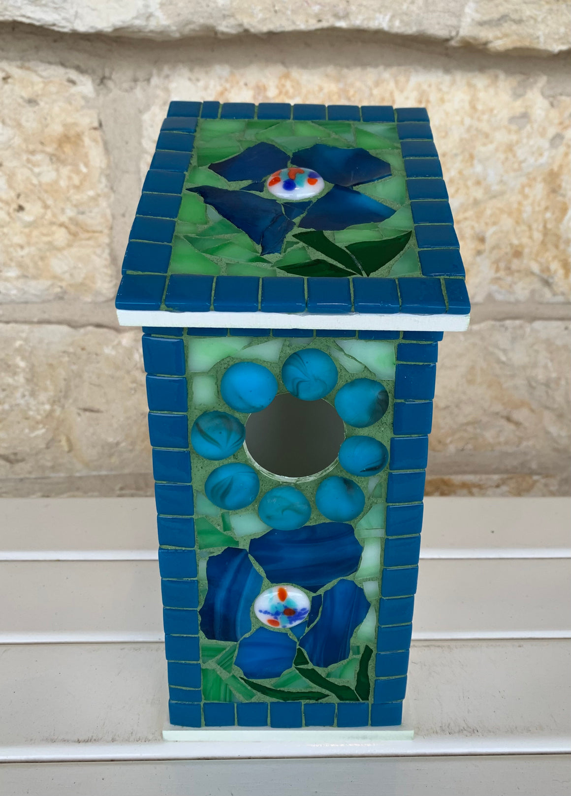 Mosaic Birdhouse - Green Background Dark Blue Flowers