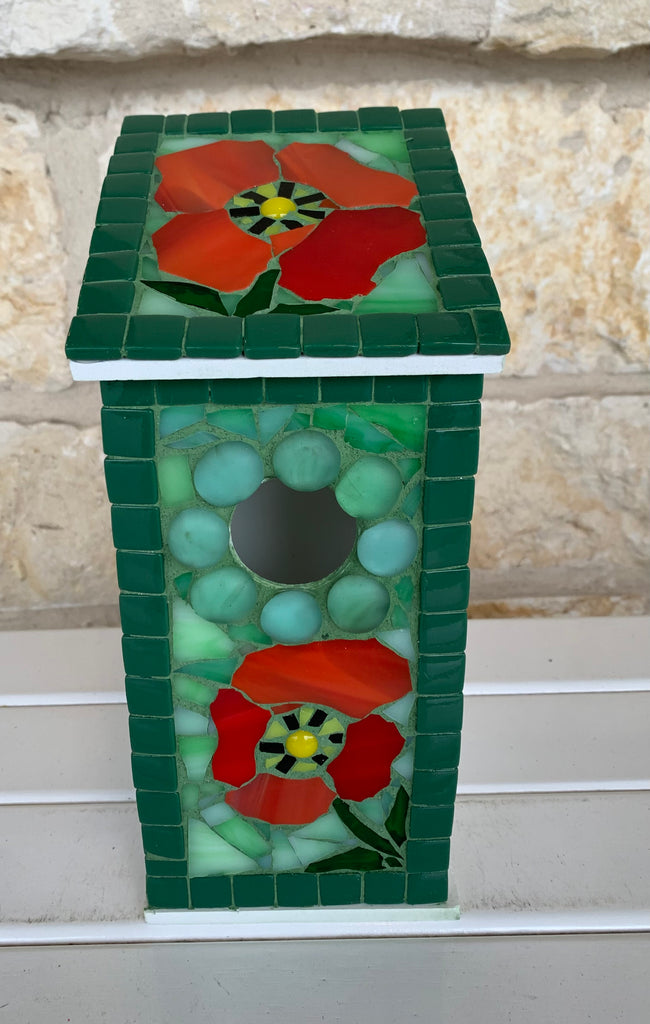 Mosaic Birdhouse - Green Background Red Flower