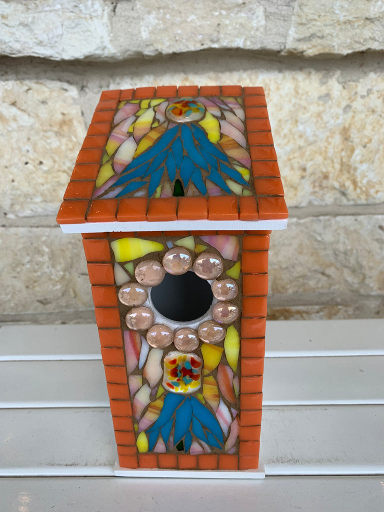 Mosaic Birdhouse - Orange Background Colorful Flower