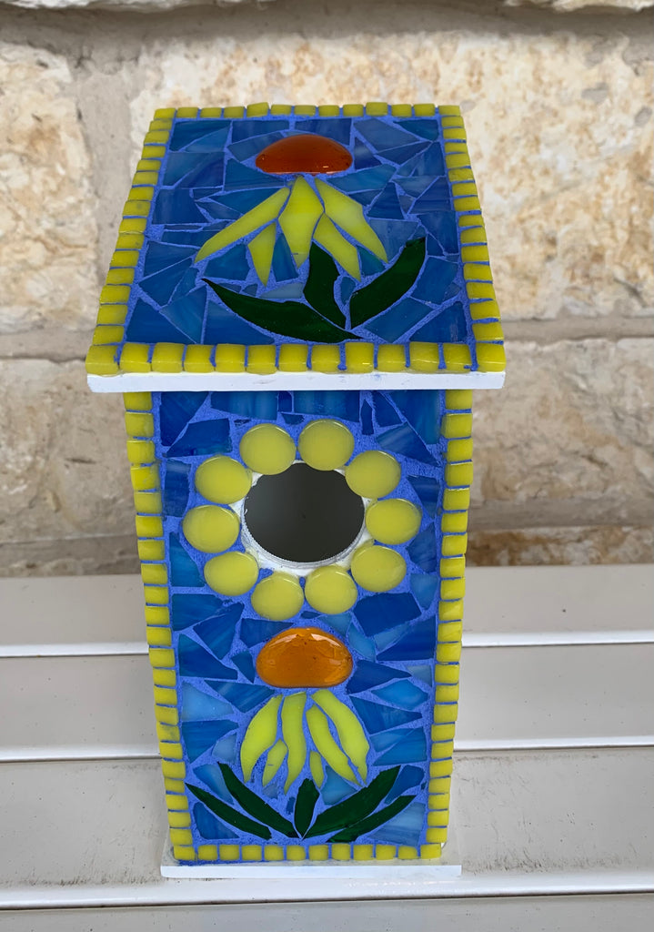 Mosaic Birdhouse - Blue Background Yellow/Orange Flowers
